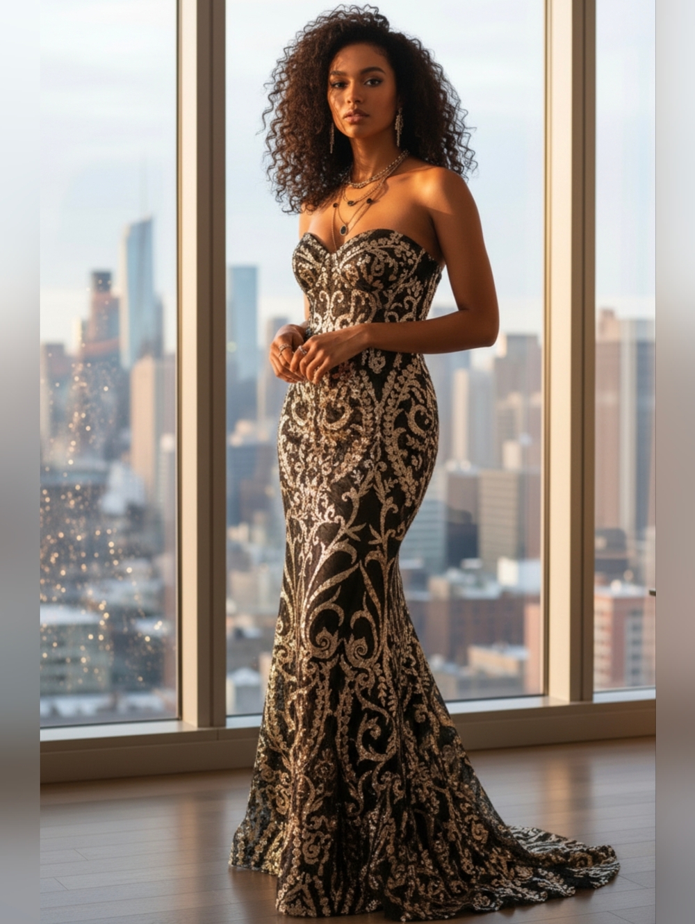 Strapless Black and Gold Embroidered Mermaid Evening Dress